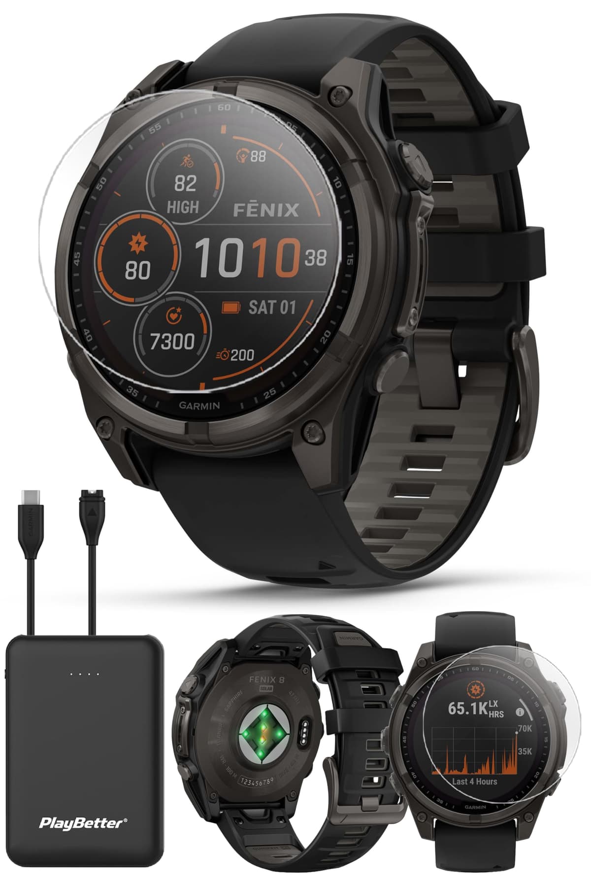 PlayBetter Garmin Fenix 8 Solar Sapphire 47mm (Carbon Gray DLC Titanium) Bundle con cargador portátil 010-02906-10 (Watch) | Z05 (Charger)