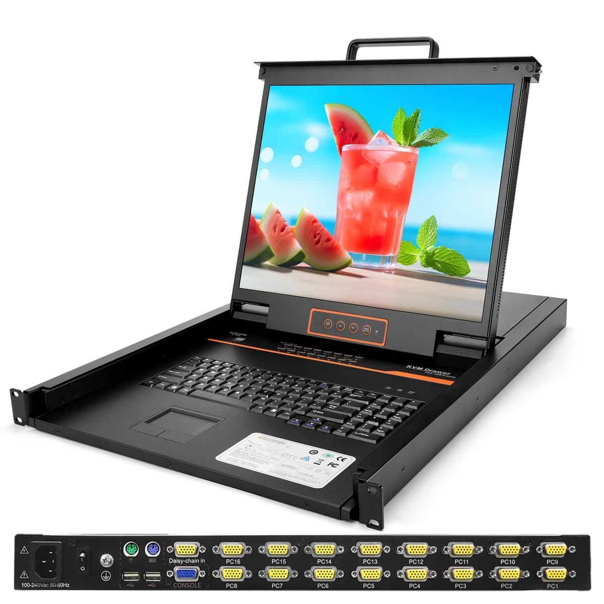 Kinan KVM Console 1U 16 Puertos VGA con Monitor 19", Teclado y Touchpad Integrados Kinan-XL1916