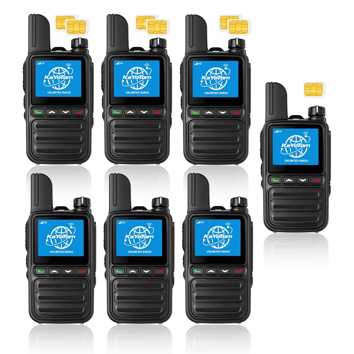 KAYOTOM Walkie Talkies PTT ilimitados de por vida y alcance ilimitado, comunicación rápida global por celular, nacional y más de 5000 millas, POC 4G LTE de mano de largo alcance para gestión de equipos (paquete de 7 y SIM) AT-600