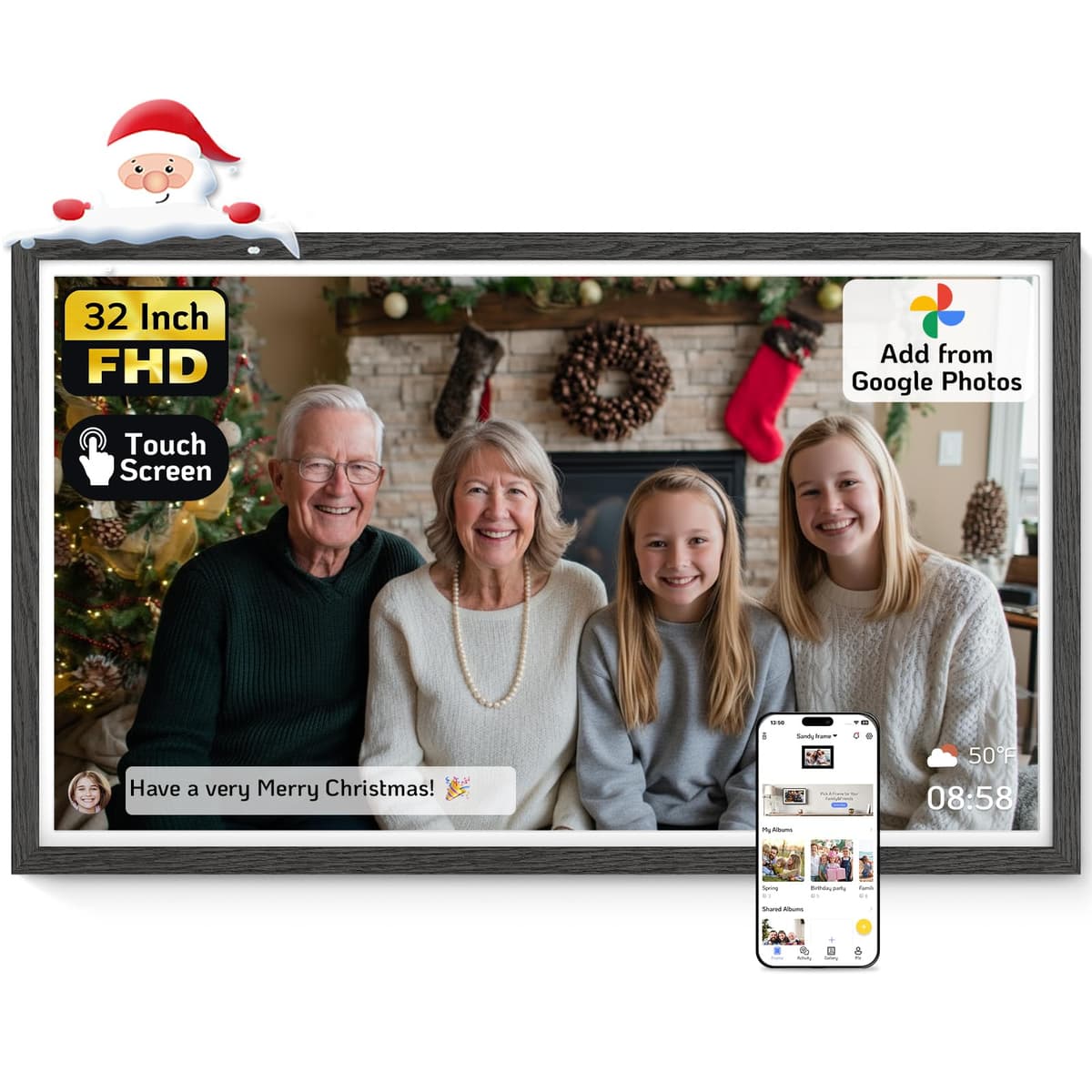 Marco digital grande NexFoto de 32 pulgadas con pantalla táctil, marco de fotos digital WiFi de 64GB, añade fotos desde Google Fotos, sube fotos/videos vía APP/USB, regalo para Navidad/Mamá/Abuelos, madera negra NF-H320A-T-FH-BB-N-US