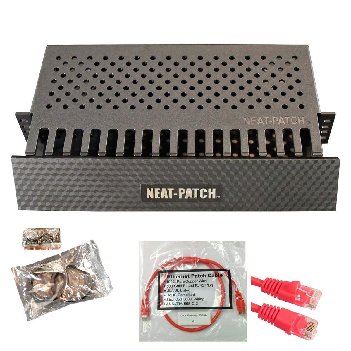 Kit de Gestión de Cables Neat Patch 2U - Paquete de 5 con 120 Cables PATCH CAT6 (2FT Rojo) NP2-5PK-120CAT6-RD