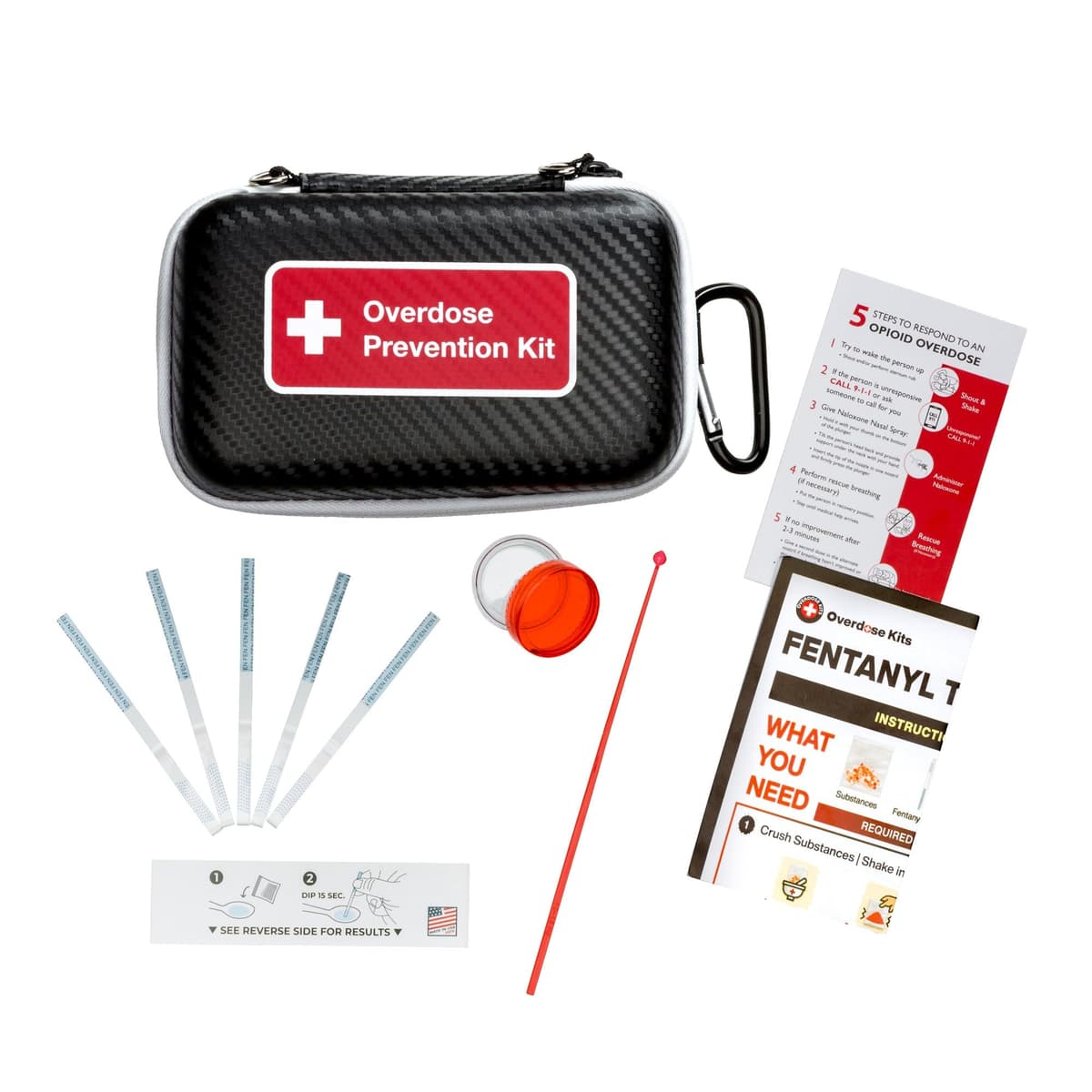 100 PACK Fentanyl Test Strip Opioid Overdose Prevention Kit | Incluye 5 Fentanyl Test Strips para Drogas, Polvos y Pastillas + Estuche Rígido Compacto + Contenedor para Mezclar + Cuchara de 10mg e Instrucciones (100) FTSK-BK-100