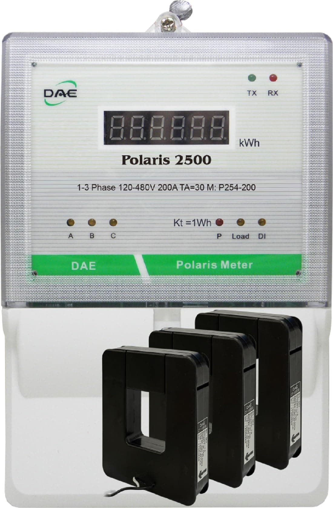 DAE P254-1500 KIT medidor kWh 3 fases 120-480V 50/60Hz RS485 con 3 CTs split (2" interno)
