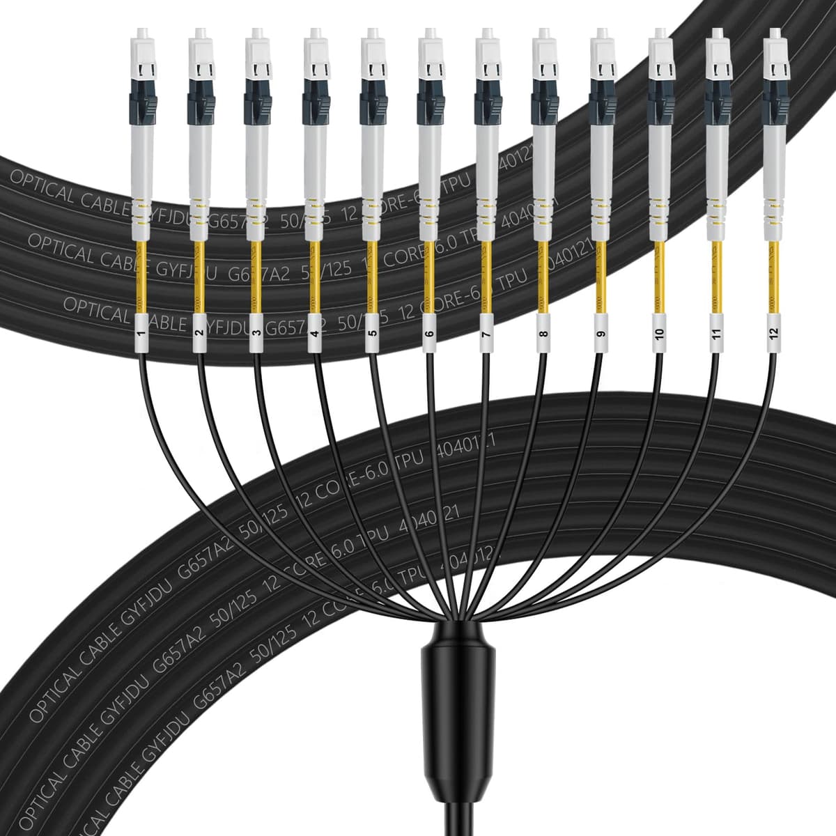 FLYPROFiber Cable patch de fibra óptica blindado para exteriores TPU industrial de 12 núcleos OS2 LC a LC, monomodo OS2 de 12 fibras, enterrable directo 9/125 µm, OD 5 mm, 100 m/328 ft OS2-LCU-LCU-DX-100M-TPU-ODAR-12F-1pack