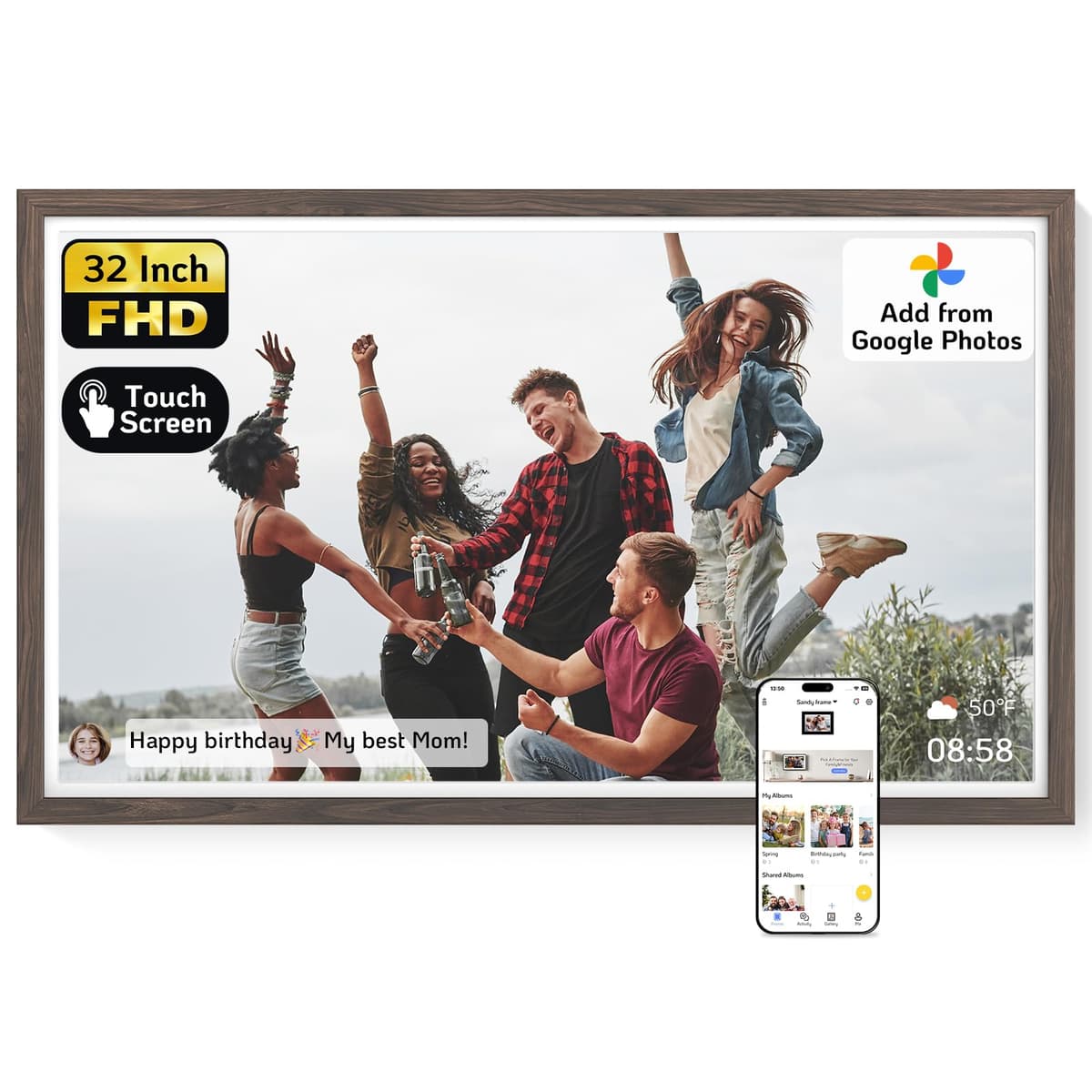 Marco digital grande NexFoto de 32 pulgadas con pantalla táctil, 64 GB, Wi-Fi, fotos FHD 1920 x 1080, agrega fotos desde Google Photos, comparte videos, regalo para Navidad/Mamá/Abuelos, madera oscura NF-H320D-T-FH-BB-N-US
