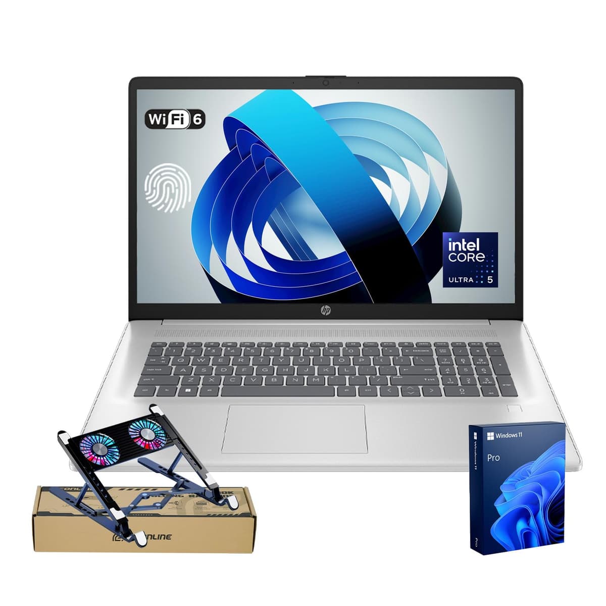 HP portátil empresarial de 17,3" con pantalla táctil, Intel Core Ultra 5 225U (> i7-1355U), 32 GB DDR5, SSD de 2 TB, lector de huellas, teclado retroiluminado, Windows 11 Pro, plateado, paquete con enfriador PCO para laptop