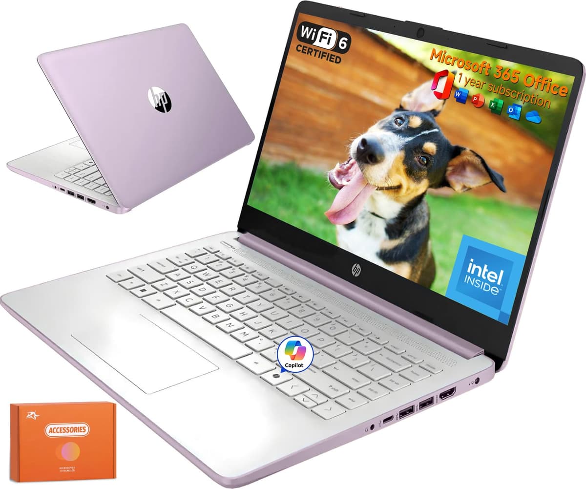 HP 2025 Nueva Laptop de 14 Pulgadas para Estudiantes y Empresas, Intel N150, 16 GB RAM, 384 GB Almacenamiento (128 GB UFS + 256 GB SSD), Wi-Fi 6, Copilot AI, 1 Año Microsoft 365, Windows 11 Pro, Honey Lavender, Con Mouse