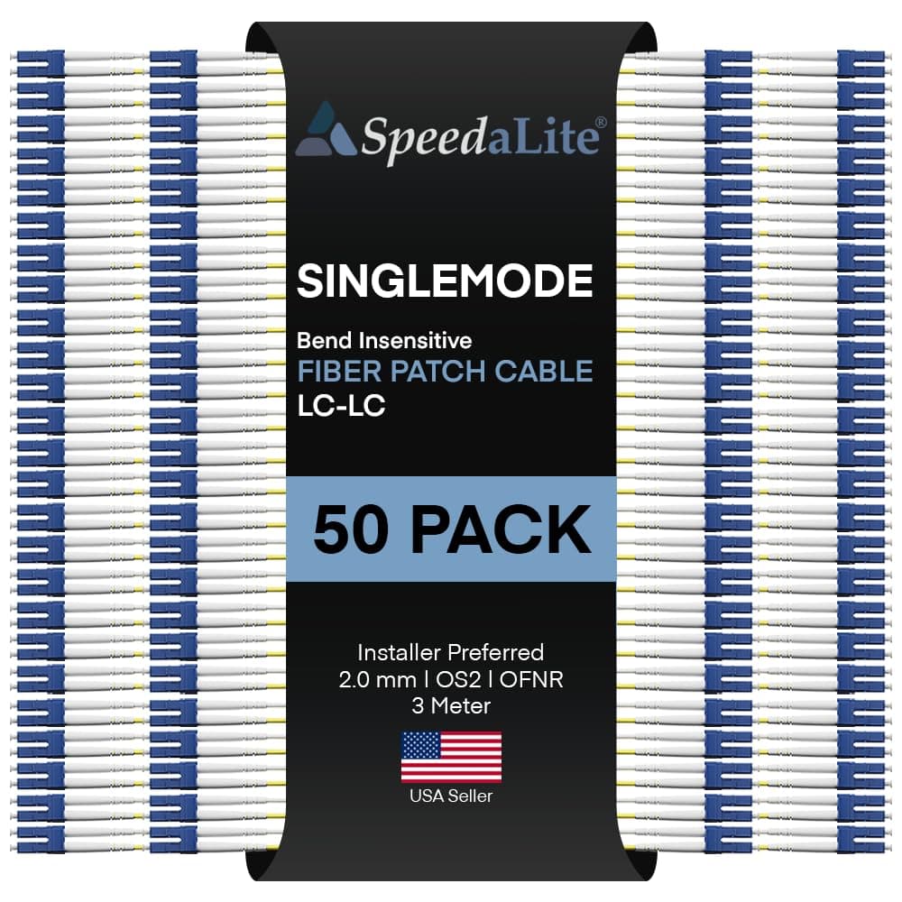 SpeedaLite Paquete de 50 Cables de Parche de Fibra 3M LC-LC OS2 Monomodo Dúplex 100Gig OFNR, A(Tx) a B(Rx), 3 Metros FJ9LCLC-03M-50PK
