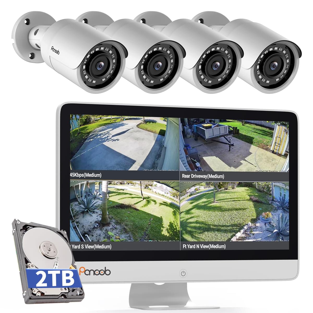 Sistema de Cámaras de Seguridad Cableadas PANOOB con Monitor para Hogar, NVR 8CH 8MP con HDD 2TB, 4 Cámaras Bullet Cableadas 5MP PoE IP67 con Micrófono, Detección Inteligente de Personas, Visión Nocturna IR, PB37FM04-5M