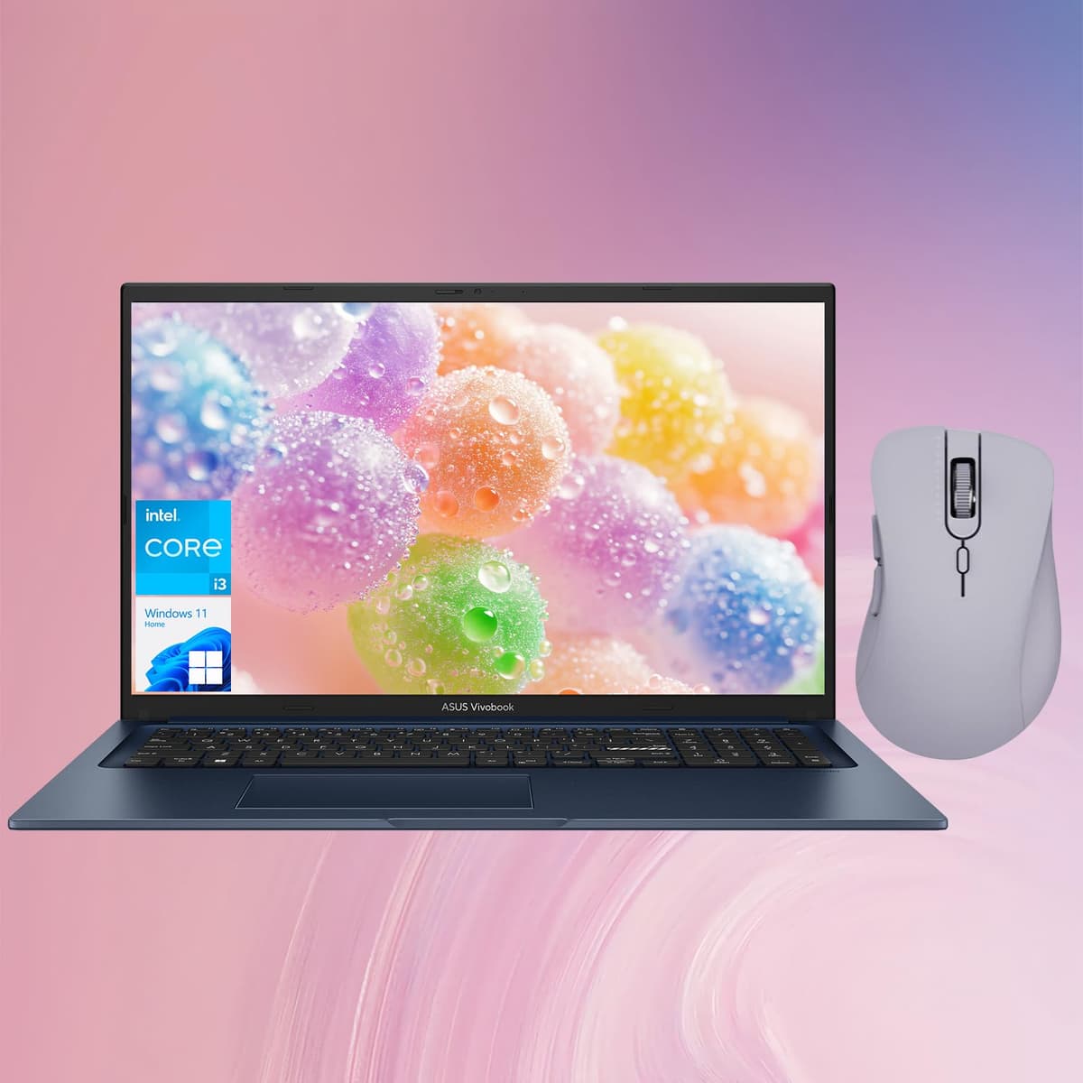 ASUS Vivobook 17.3” FHD portátil para uso diario, Intel Core i3-1215U, Intel UHD Graphics, 36 GB RAM, 2 TB SSD, HDMI, cámara web, Wi-Fi, Windows 11 Home, azul, paquete con mouse inalámbrico Thunderobot ML101 morado F1704ZA