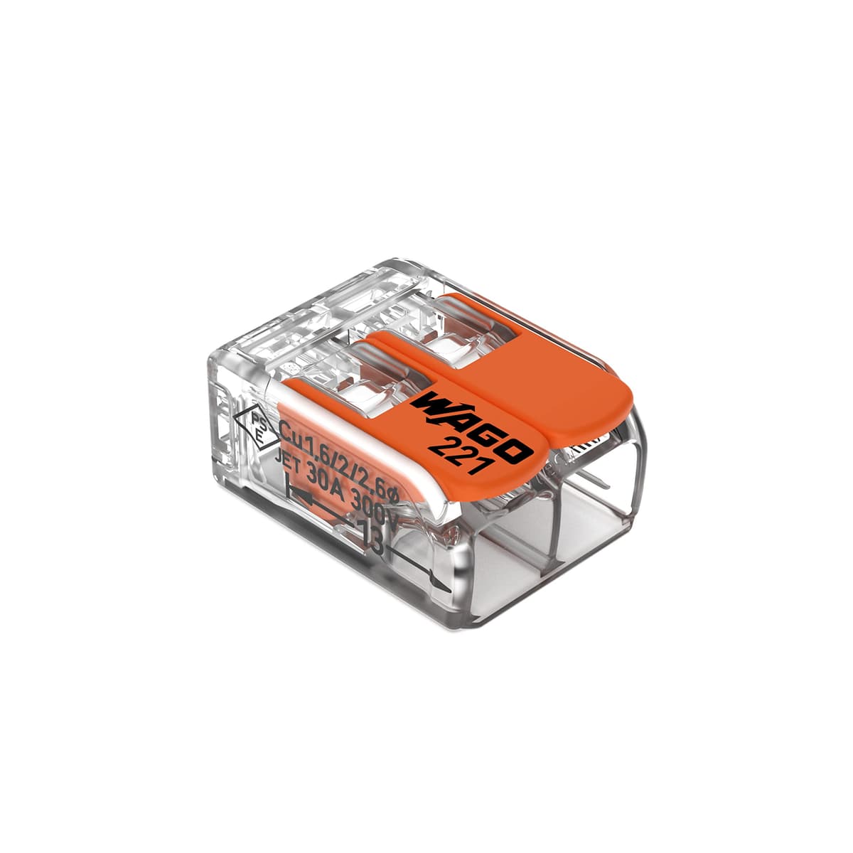 WAGO 221-612 Conector splicing Lever-Nuts 2 conductores, palancas, 20-10 AWG, carcasa transparente, bolsa x1000