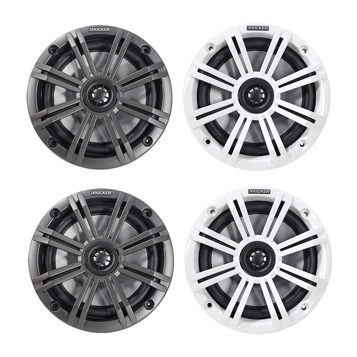 Kicker 45KM654 Parlantes coaxiales marinos de 6.5 pulgadas con rejillas negras y blancas, 4 ohmios, 195 W máx. (paquete de 4) 2X45KM654