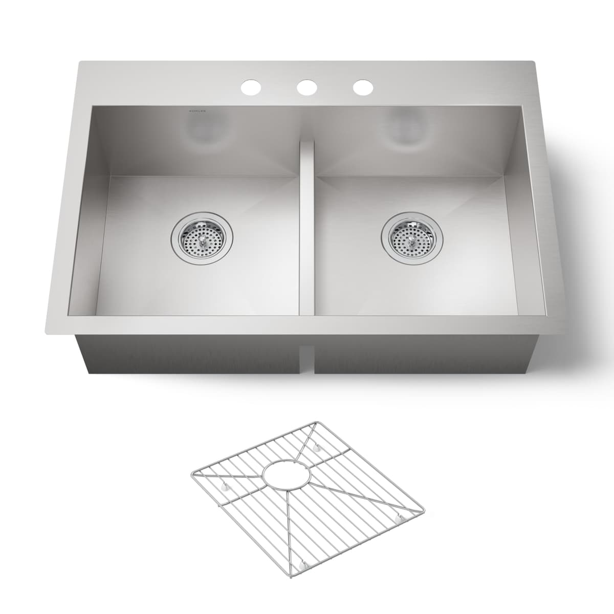 KOHLER Vault 33" x 22" x 9-5/16" Smart Divide fregadero doble de igual tamaño, instalación superior o bajo mesada, 3 orificios para grifo 3838-3-NA