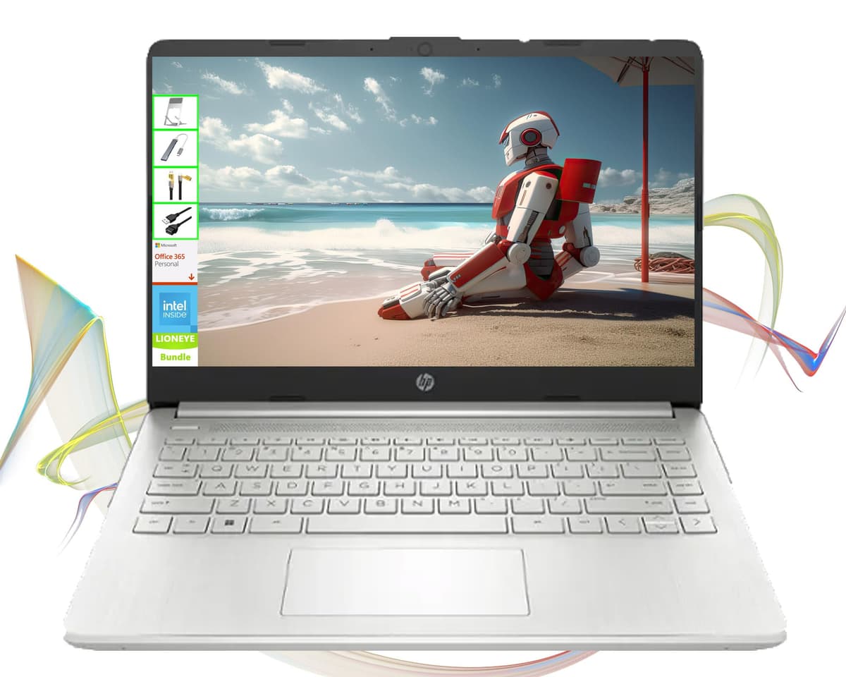 Portátil HP con Microsoft Office y 1TB de almacenamiento en la nube (1 año) | Computadora de 14 pulgadas HD | 16GB RAM | 128GB UFS | CPU Intel de 4 núcleos (mejor que i3-10110U) | Cámara web | USB-C | Windows 11 Home en modo S | Paquete LE 14-dq6011dx