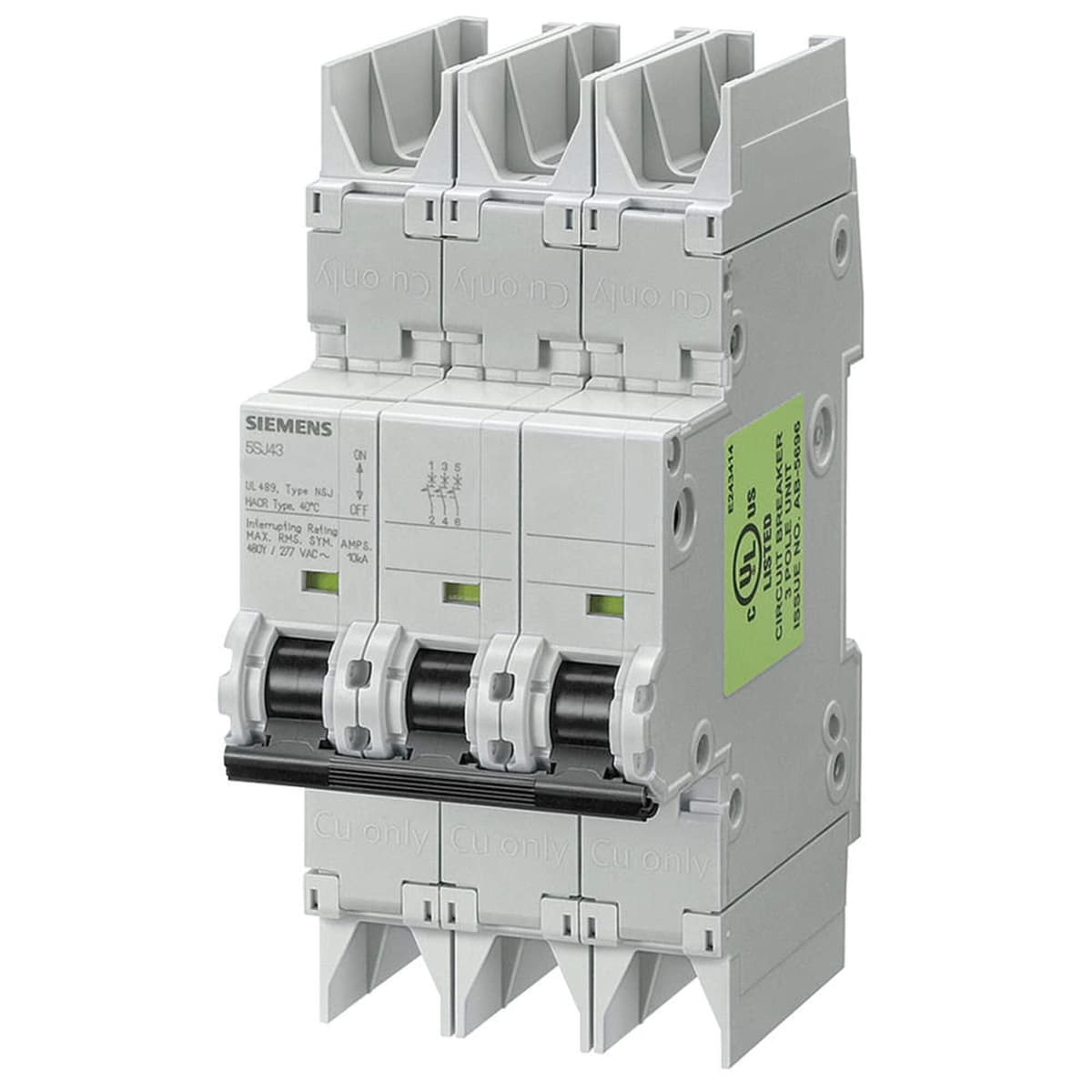 Siemens 5SJ43028HG42 Interruptor Miniatura 3P 2A D, UL 489, Montaje en riel DIN