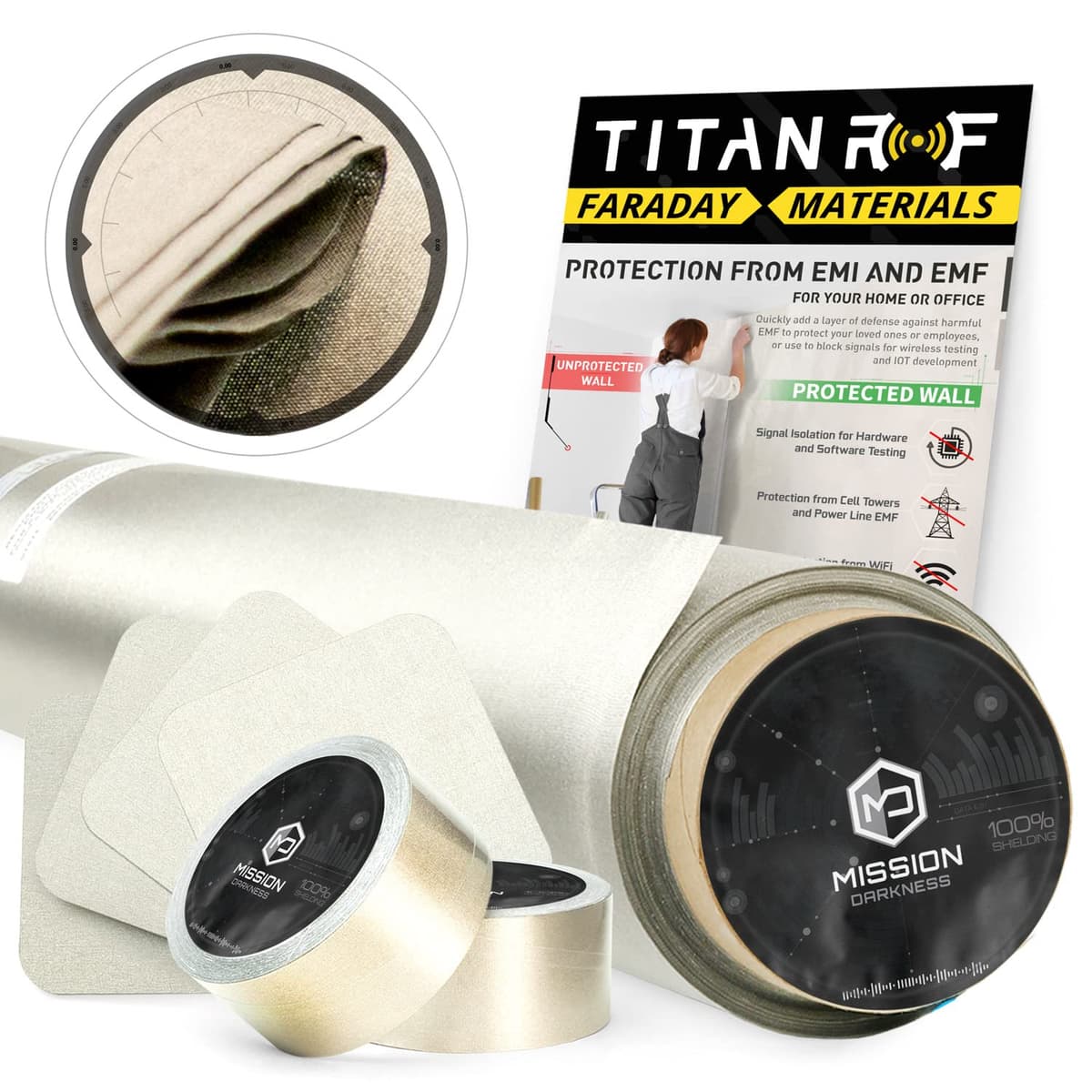 Mission Darkness TitanRF Faraday Fabric Pro Kit 20 yd / 44" W x 60'L - Tela conductiva militar de alto apantallamiento MDFF-TRF-PRO20-FBM