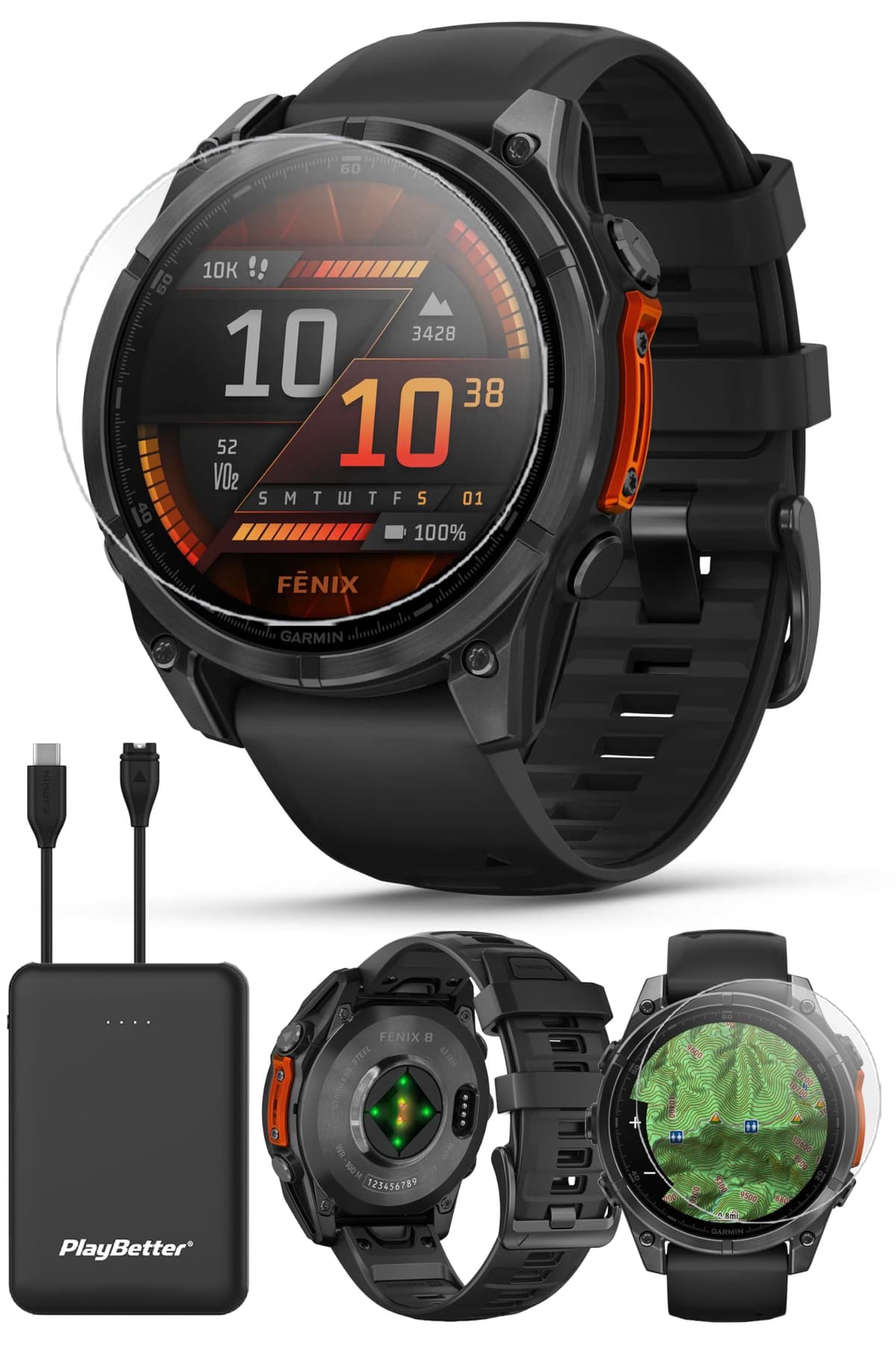 PlayBetter Garmin Fenix 8 AMOLED 47mm (Slate Gray/Black) Bundle con cargador portátil y protectores 010-02904-00 (Watch) | Z05 (Charger)