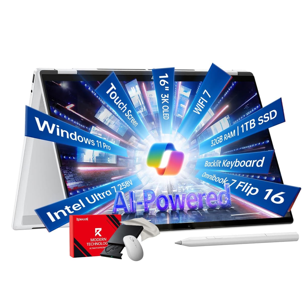 HP OmniBook 7 Flip 16 2 en 1 Copilot+ Laptop - Intel Ultra 7 258V (47 NPU Tops) - Pantalla táctil OLED 3K de 16" - Wi-Fi7, Cámara IR 5MP, Teclado retroiluminado, con accesorio - Windows 11 Pro (32GB DDR5 | 4TB SSD)