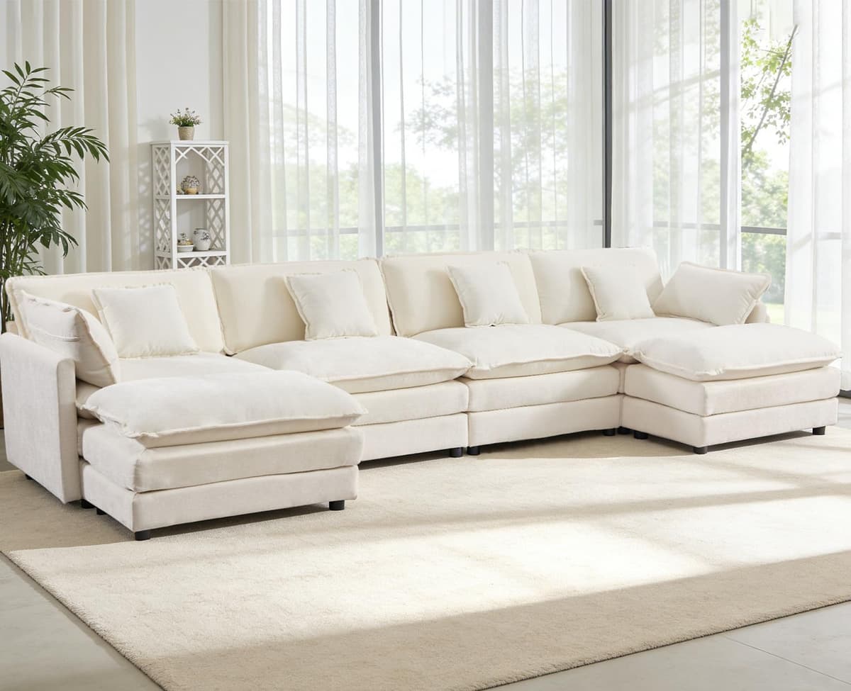 VEPXXP Sofá seccional modular oversized en U, 6 plazas, chenille beige blanco
