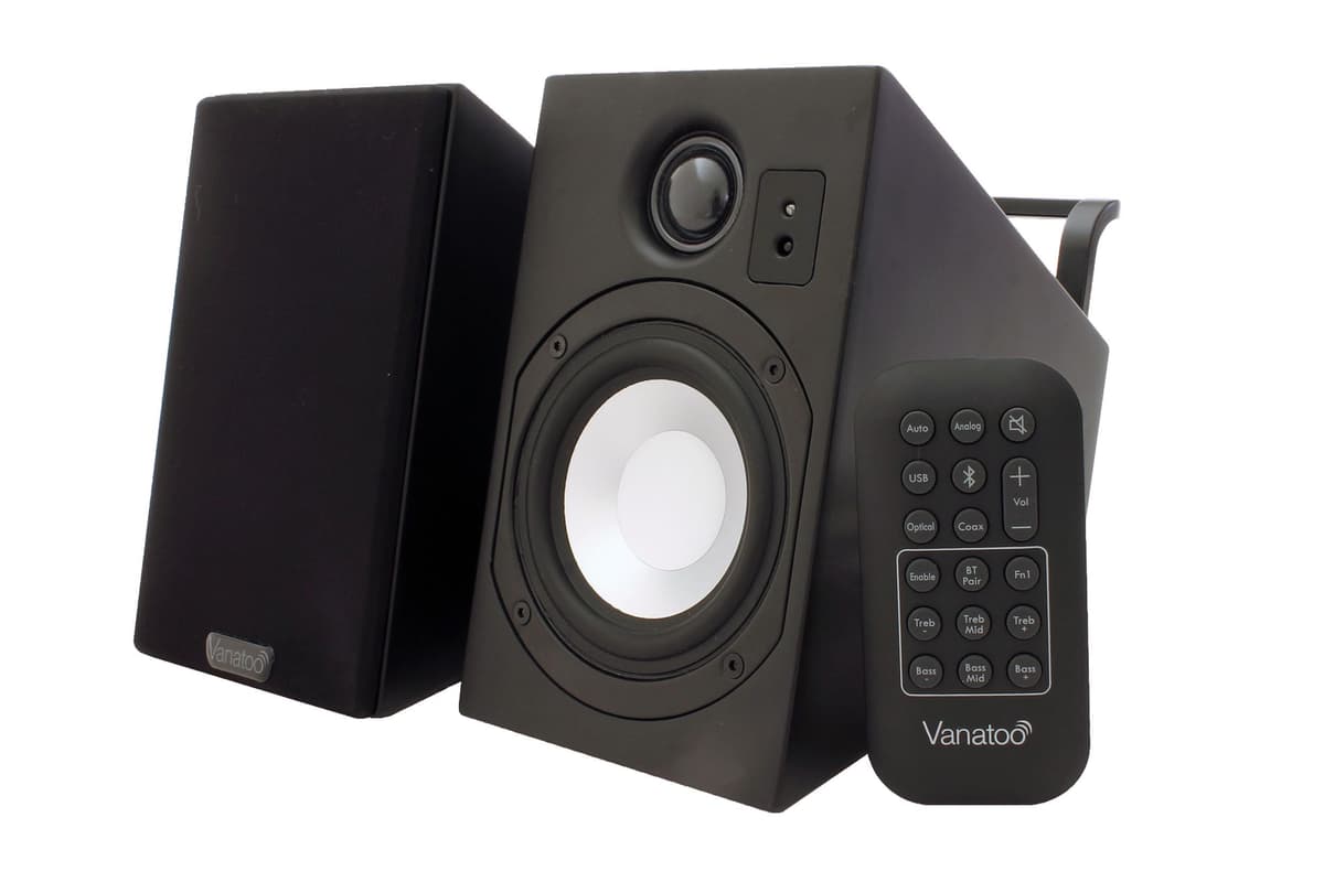 Parlantes Vanatoo Transparent Zero Plus de campo cercano para estudio - Par de monitores para TV, PC y juegos. Parlantes activos de 120 W para escritorio y sala. AUX, USB, Bluetooth, óptico Toslink y control remoto. T0P