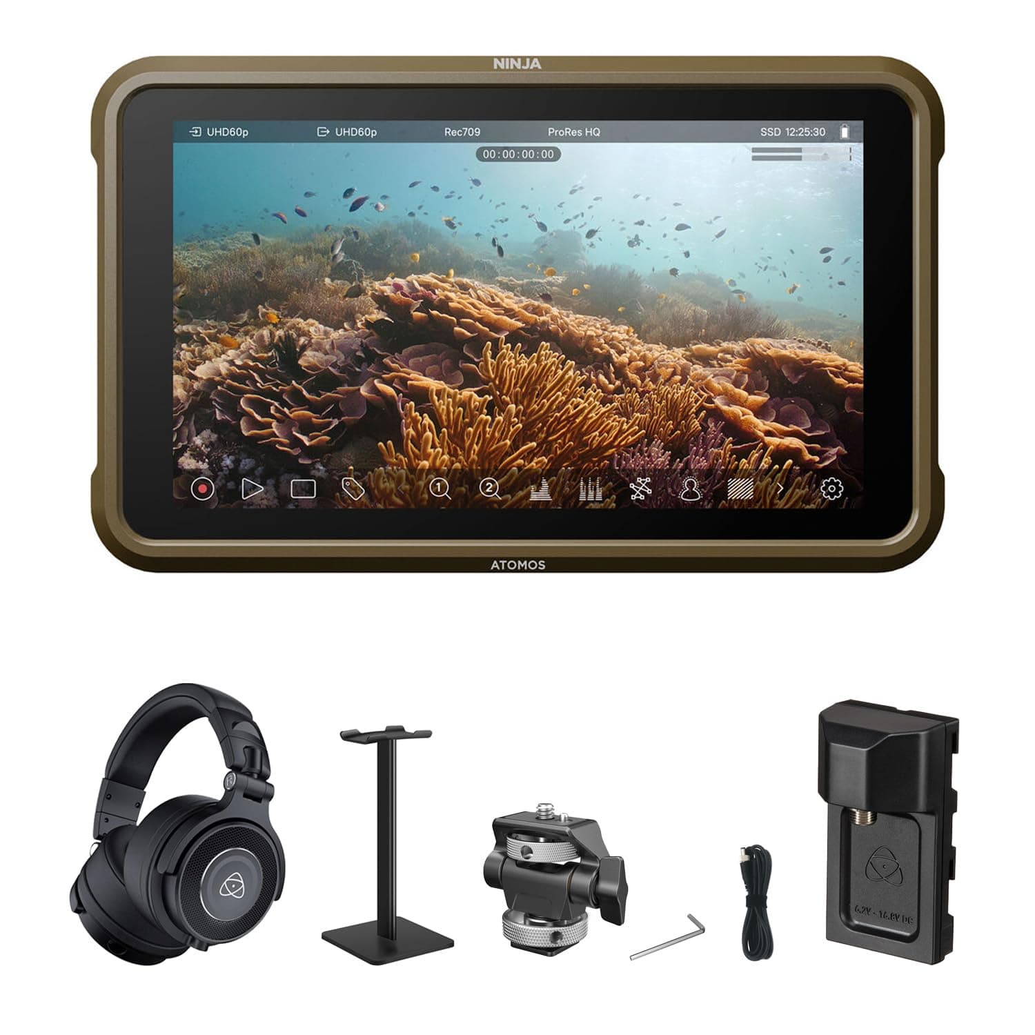 Atomos Ninja 5.2" Monitor Grabador 4K HDMI Bundle con Audífonos StudioSonic y Soporte Ajustable ATOMNJA004