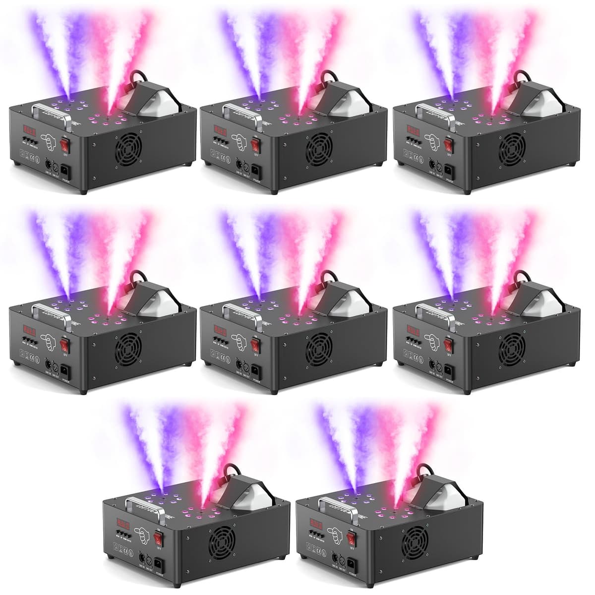 Queenfavor 2000W Fog Machine Dual Nozzle con 8+8 RGB LEDs, DMX/Wireless/Manual, 2.5L, LCD, 30000CFM, Pack 8 ZQ10136US