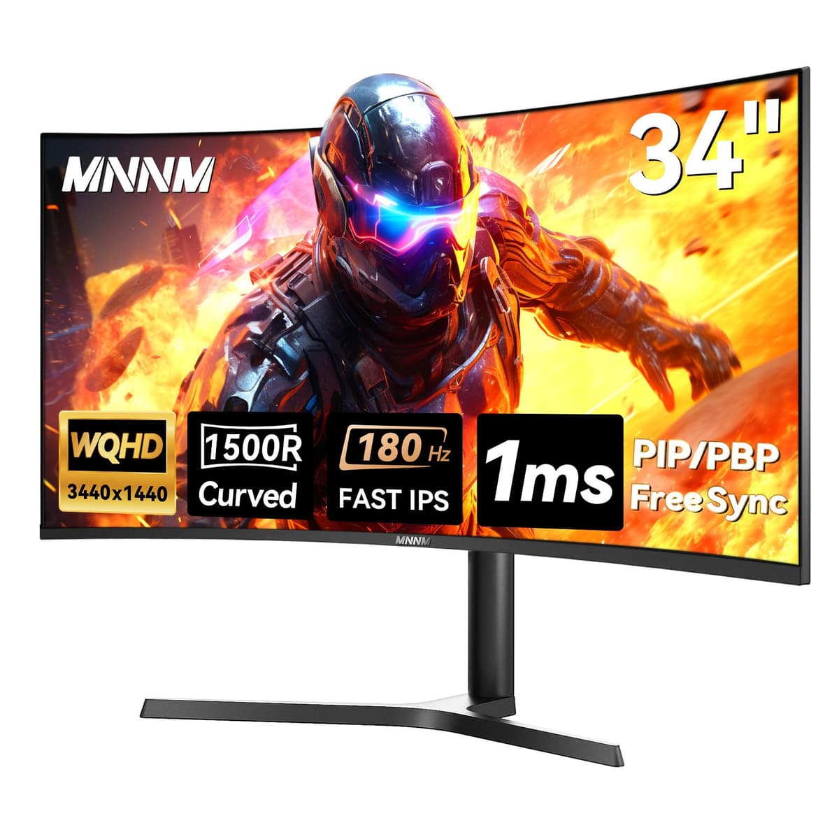 MNNM Monitor Ultrawide Gamer de 34 Pulgadas - 21:9 WQHD 3440 x 1440 Curvo R1500, 180Hz 1ms AMD FreeSync PIP/PBP Crosshair Cuidado Ocular TÜV, HDMI 2.0 y DP1.4, Soporte Ajustable (Inclinación/Altura/Giro) MN34180WQHD