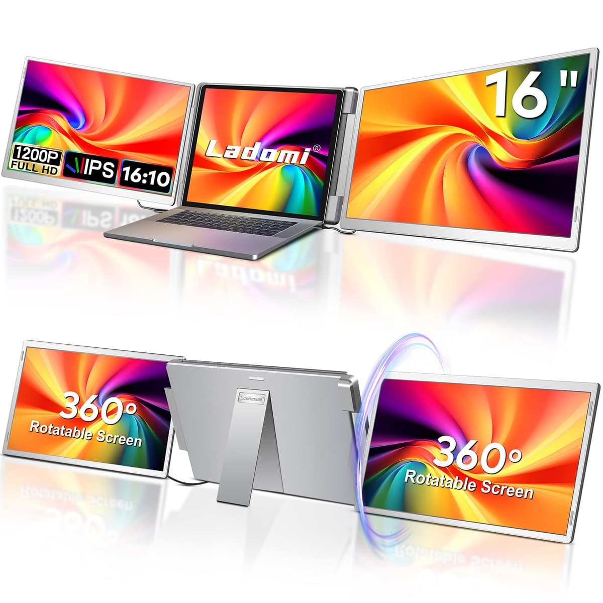 Ladomi Extensor de pantalla portátil 16" FHD triple para laptops 12"-18.5" con rotación 16:10 Ladomi-S11
