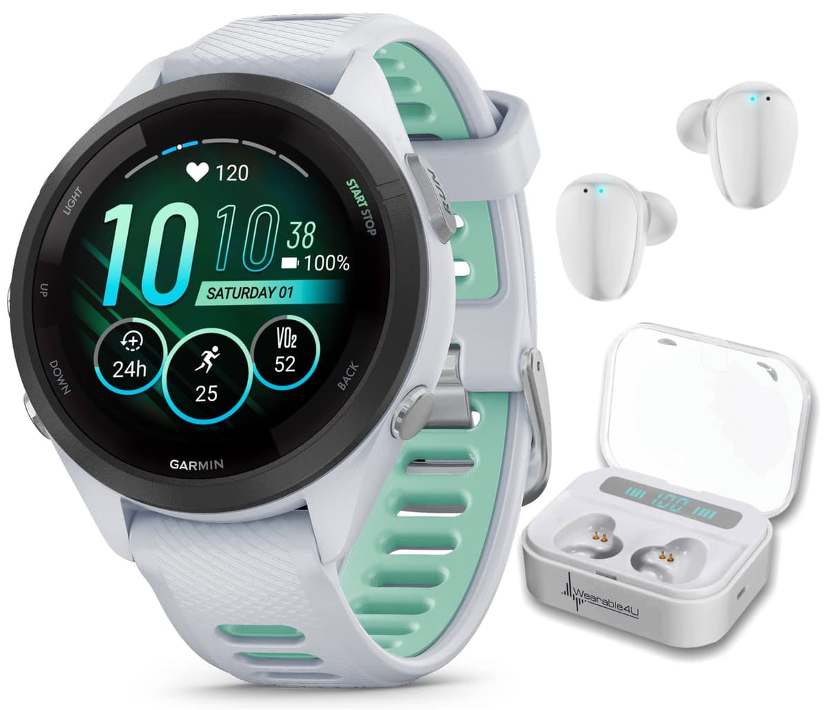 Wearable4U Garmin Forerunner 265S Music GPS para correr 42 mm Smartwatch, Whitestone con pantalla táctil AMOLED de 1.1 in auriculares blancos incluido TWS X7/X7-1