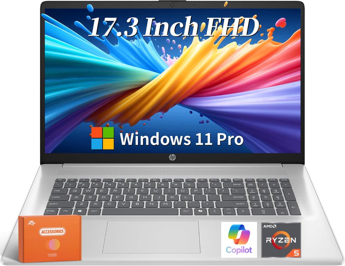 HP 17 Laptop 17.3" FHD 64GB 2TB SSD AMD Ryzen 5 7430U Windows 11 Pro Wi-Fi 6 Copilot-AI HP Laptop