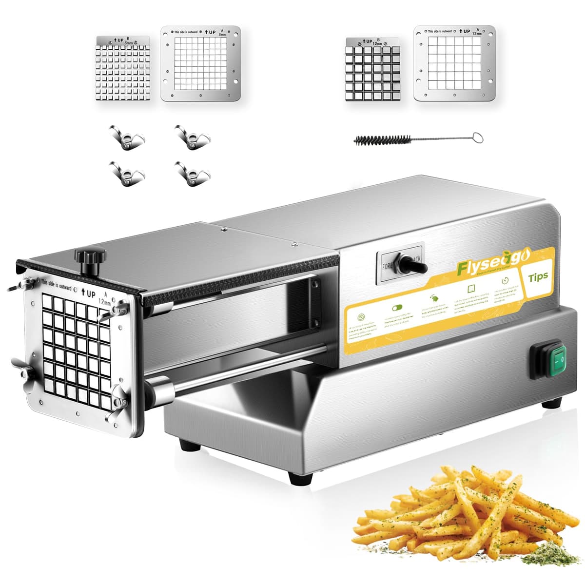 Cortadora eléctrica de papas Flyseago HJJ-07, acero inoxidable, 2 cuchillas