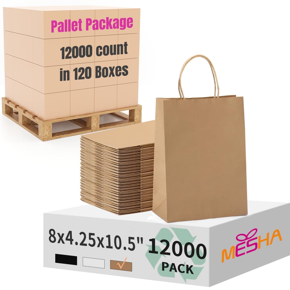 MESHA Gift Paper Bags 8x4.25x10.5 Inch - 12,000 pack (Brown)