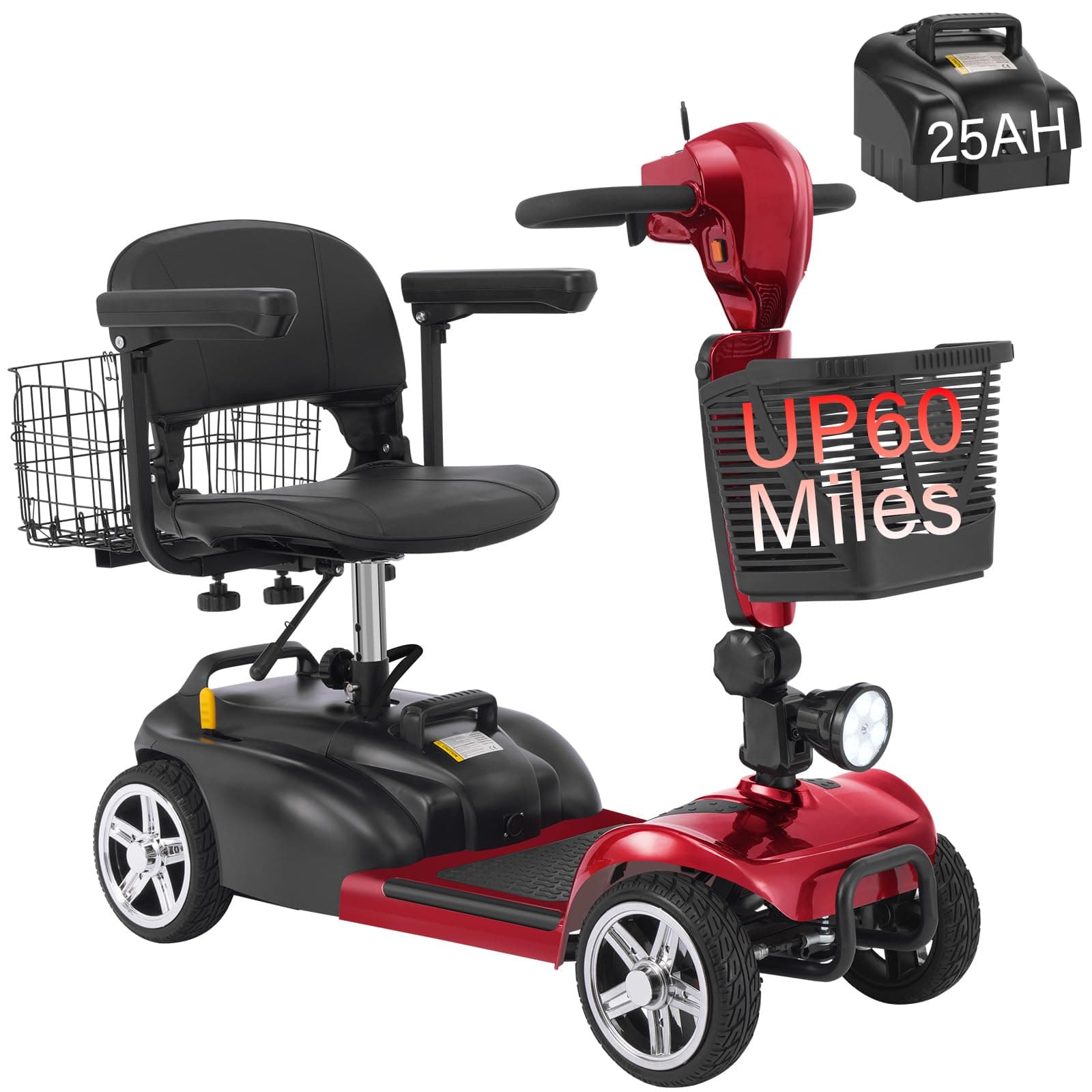 Ecomobi 4 Wheels Mobility Scooter 350W - Plegable con batería extraíble y doble canasto (15-30 Miles) WYAC-MS02-RED-25AH