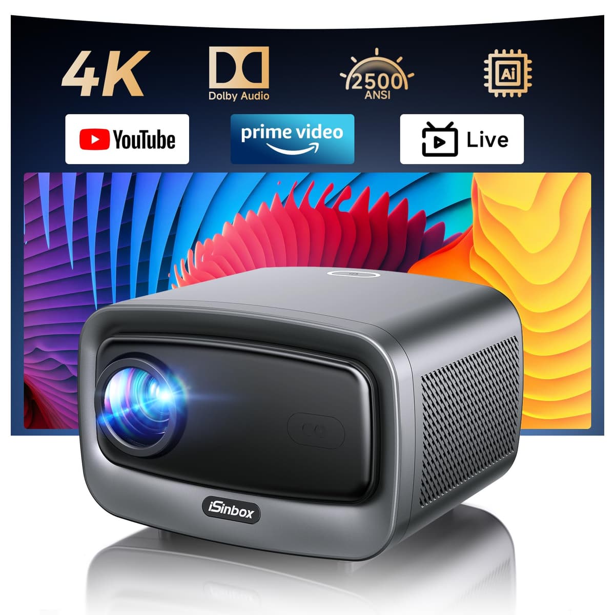 iSinbox [2500 ANSI/Autoenfoque/Apps integradas] Proyector inteligente 4K con WiFi 6 y Bluetooth 5.3, proyector 6D Keystone para exteriores con Netflix y audio Dolby Plus 36W HDR10+ Home theater para techo 2025 mejorado JY821