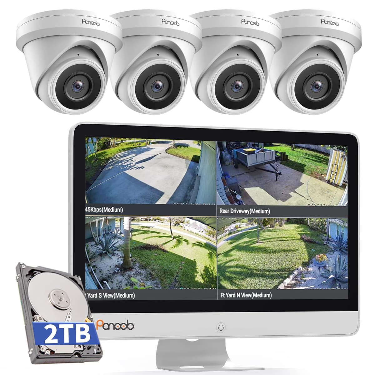 Sistema de cámaras de seguridad cableadas PANOOB con monitor, NVR UHD H.265 8 canales 8MP con HDD de 2TB, 4 cámaras dome PoE cableadas 5MP IR IP67, detección inteligente de personas, PD93AM04-5M