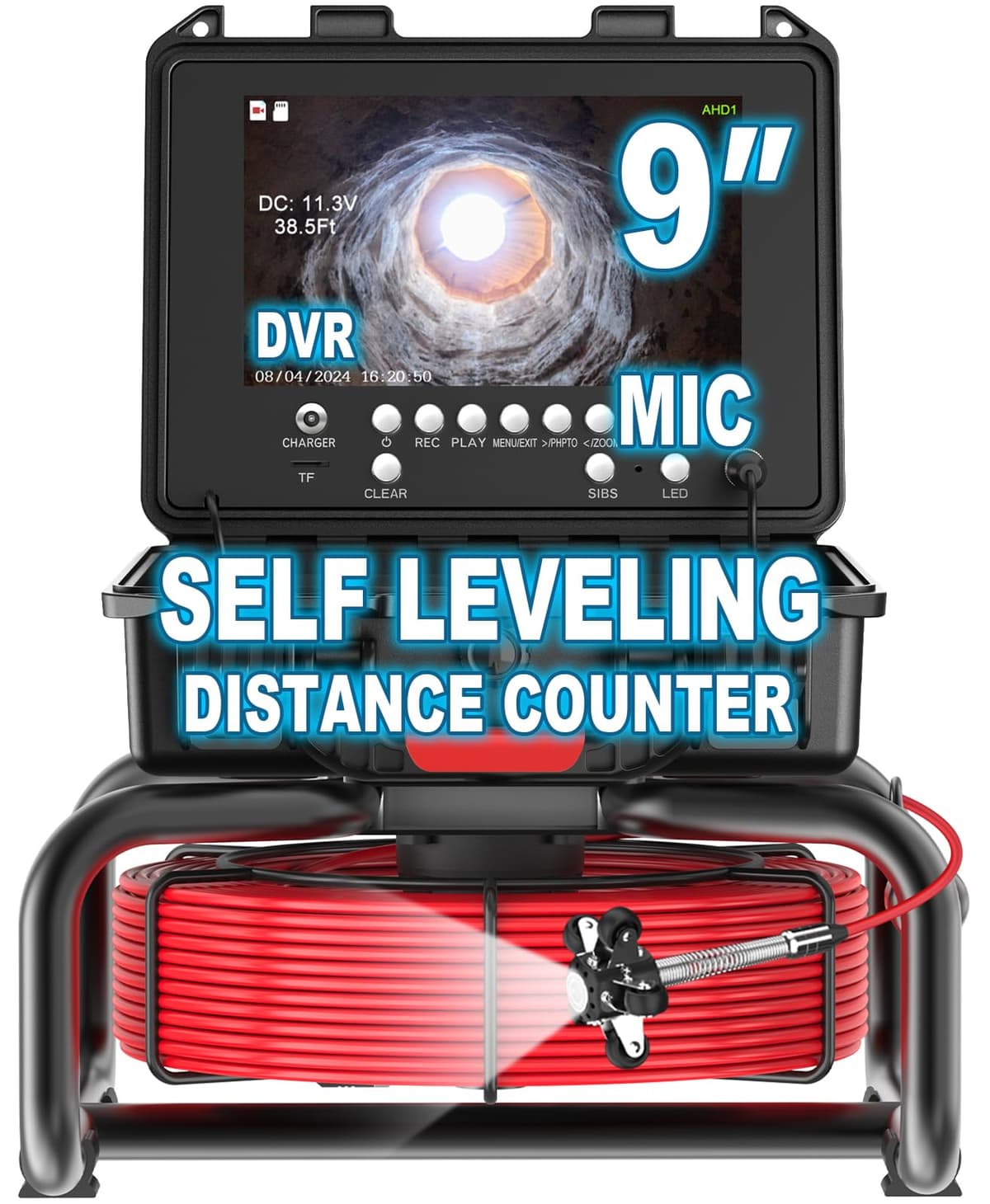Anysun Cámara de Inspección de Cañerías Autonivelante 100ft, Pantalla 9" 1080P, DVR y Tarjeta 16GB (Cable Rojo) anysun-SY69-B23-J-5C
