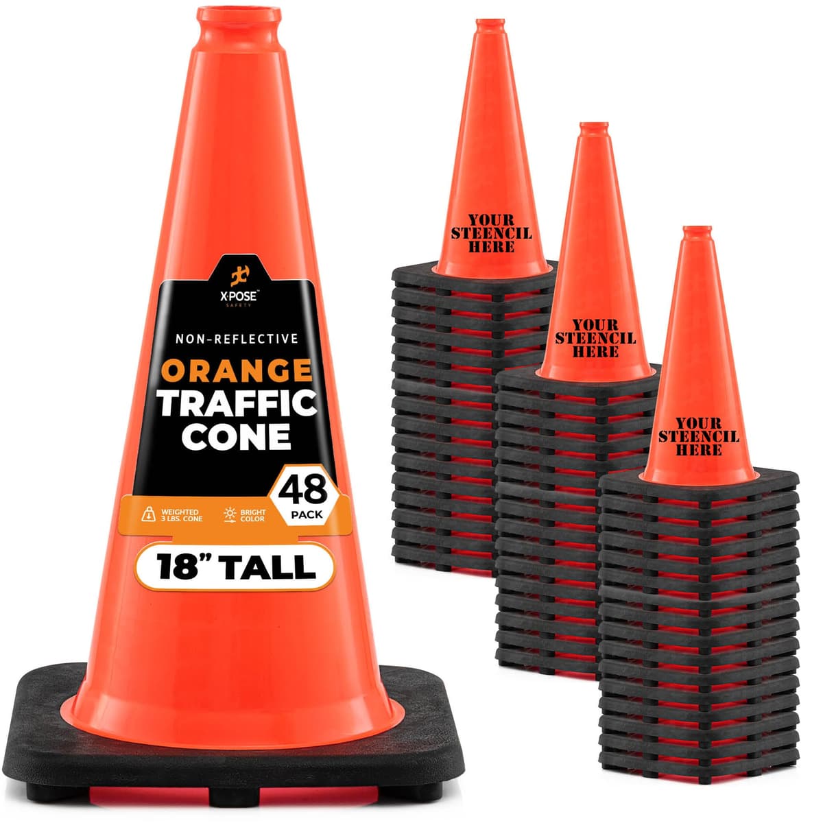 Xpose Safety Conos de Tráfico Naranja 18" - Paquete de 48, PVC, Base Negra, Aprobado DOT OTC18-48-X