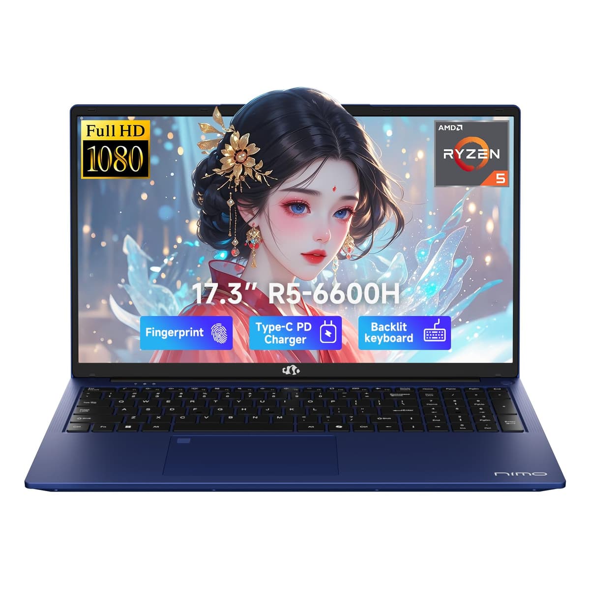 NIMO 17.3" IPS FHD portátil gaming, AMD Ryzen 5 6600H 6 núcleos 32GB DDR5 RAM 2TB SSD (Mejor que i7-1165G7, hasta 4.5 GHz) Radeon 660M GPU - PC con USB-C 100W, teclado retroiluminado, lector de huellas, Windows 11 ARN21S