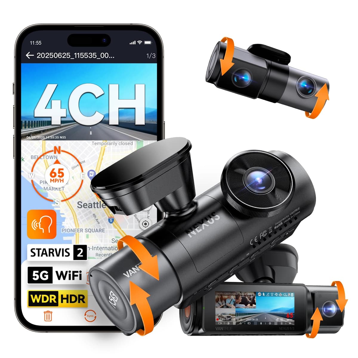 Vantrue N5S 4 Channel 360° Dash Cam 2.7K + 1080P + 1440P con STARVIS 2, WiFi 5GHz, GPS y Parking Buffered