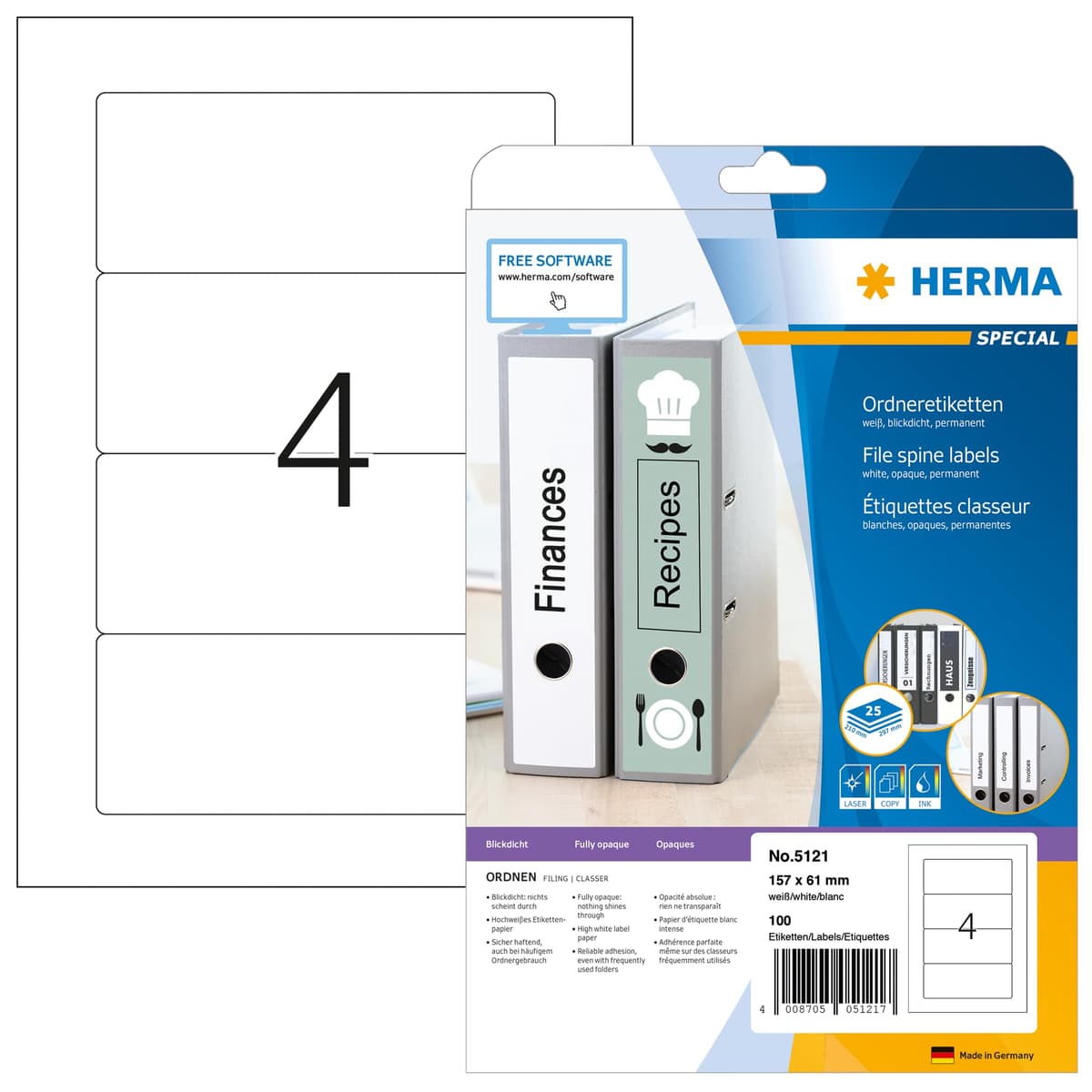 Herma 5121 Etiquetas adhesivas para lomo de carpeta 157 x 61 mm, 3200 unidades