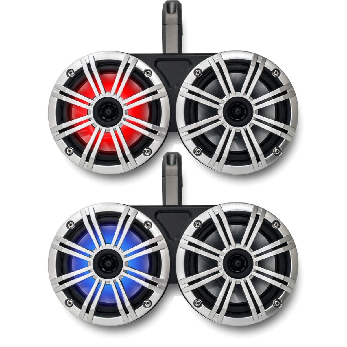 KICKER Sistema dual de torre wake Black con parlantes marinos RGB LED plateados de 6.5" 12KMTED+BKM614LS