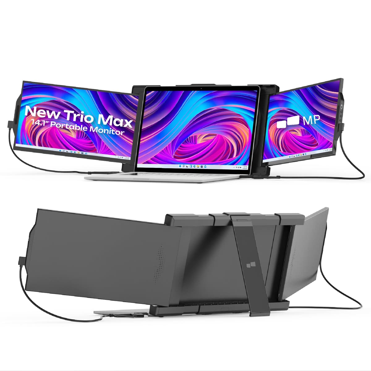 Mobile Pixels Nuevo Trio Max de 14.1" Monitor portátil, triple monitor para laptop, 1080P FHD IPS, Plug and Play, compatible con laptops de 15-17.3", soporte integrado, imanes opcionales (Tri-Screen) TRIO Max 14\" | Size: 14.1""New Trio Max | "