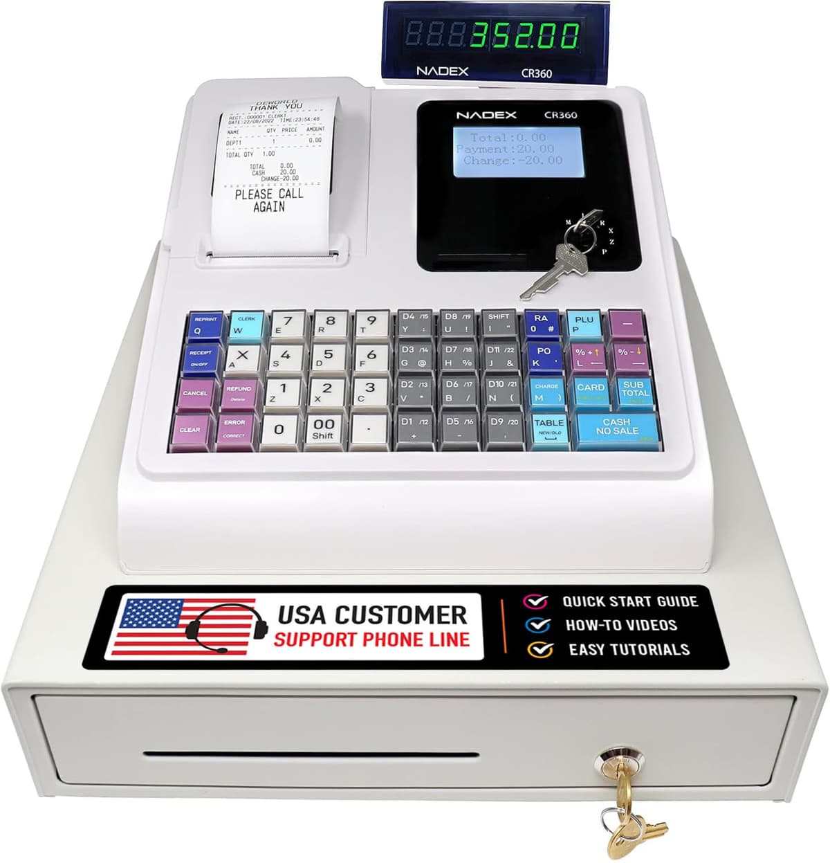 Nadex CR360 caja registradora con impresora térmica y cajón para efectivo, blanca (NXTE-1387)