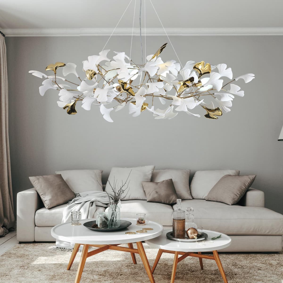 GREMLBUK Candelabro Rama con Hojas de Ginkgo 47" Oro - Lámpara Colgante 6 Luces Chandeliers-YX001