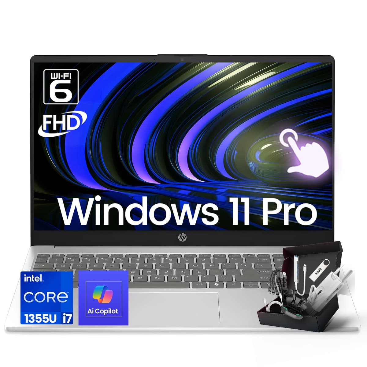 HP 2026 Laptop táctil i7, pantalla FHD 15.6", Intel i7-1355U (32 GB RAM | 1 TB SSD), tecla Copilot, teclado numérico, cámara web, Windows 11 Pro, WiFi 6 y Bluetooth con kit de accesorios SXK HP 15 inch Laptop