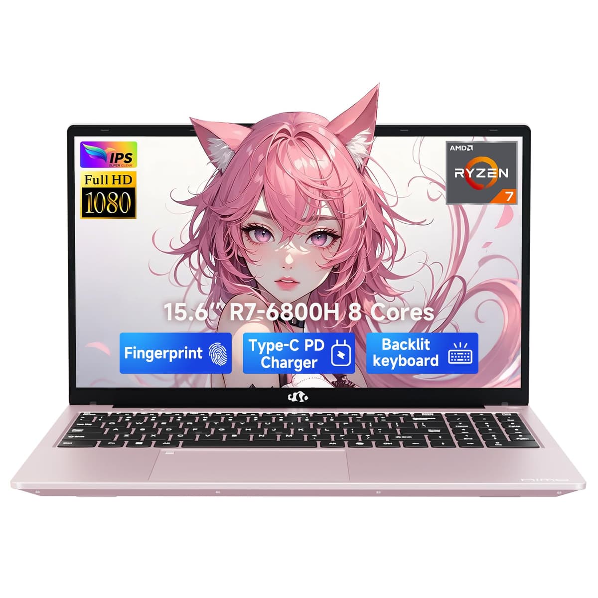 NIMO Laptop para juegos 15.6" IPS FHD, AMD Ryzen 7 6800H de 8 núcleos, 16GB DDR5, 512GB SSD (Mejor que i7-12700H, hasta 4.7 GHz), GPU AMD Radeon 680M, Type-C 100W, teclado retroiluminado, lector de huellas ARN21S