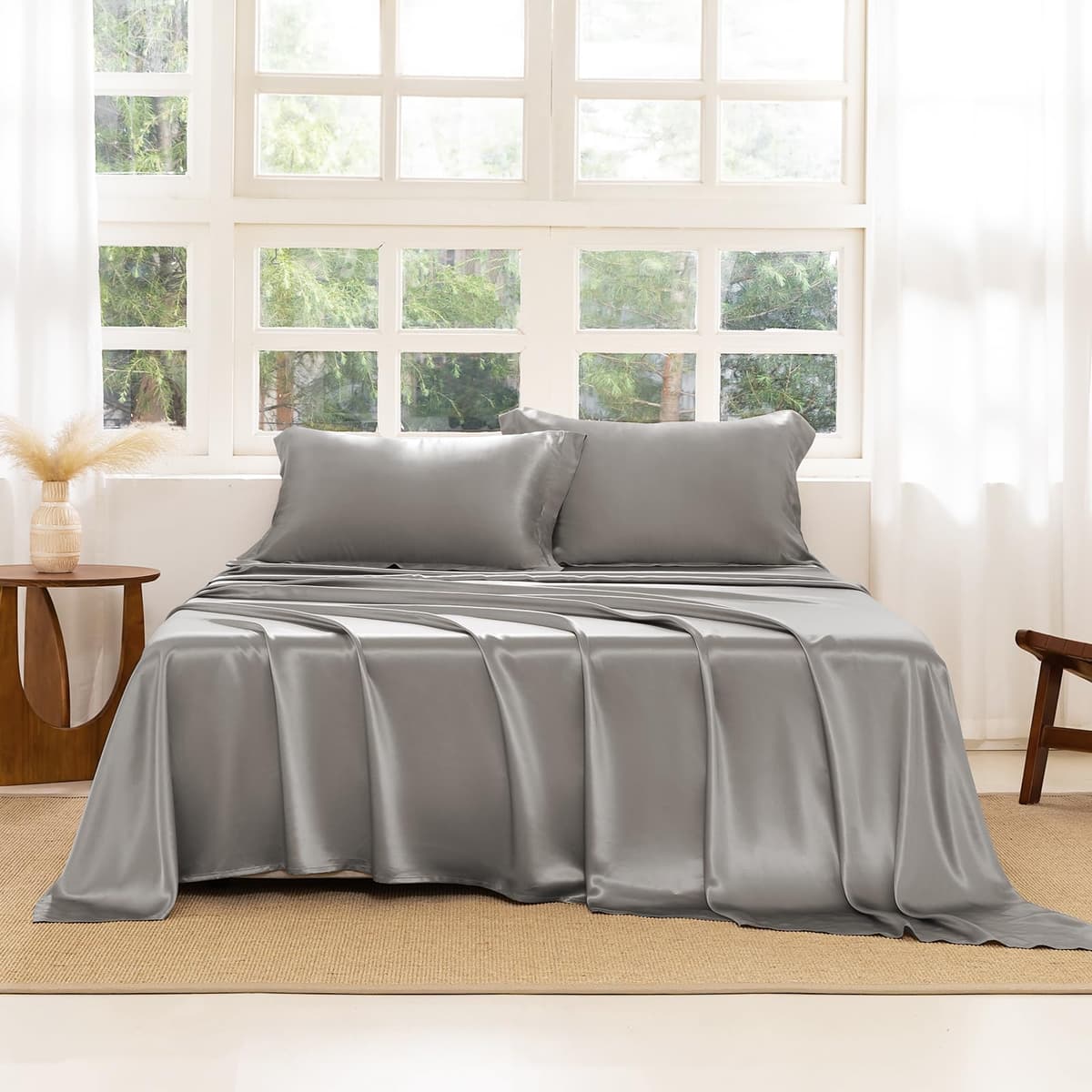 THXSILK Juego de sábanas de seda 4 piezas King, 22 Momme, color gris 22207