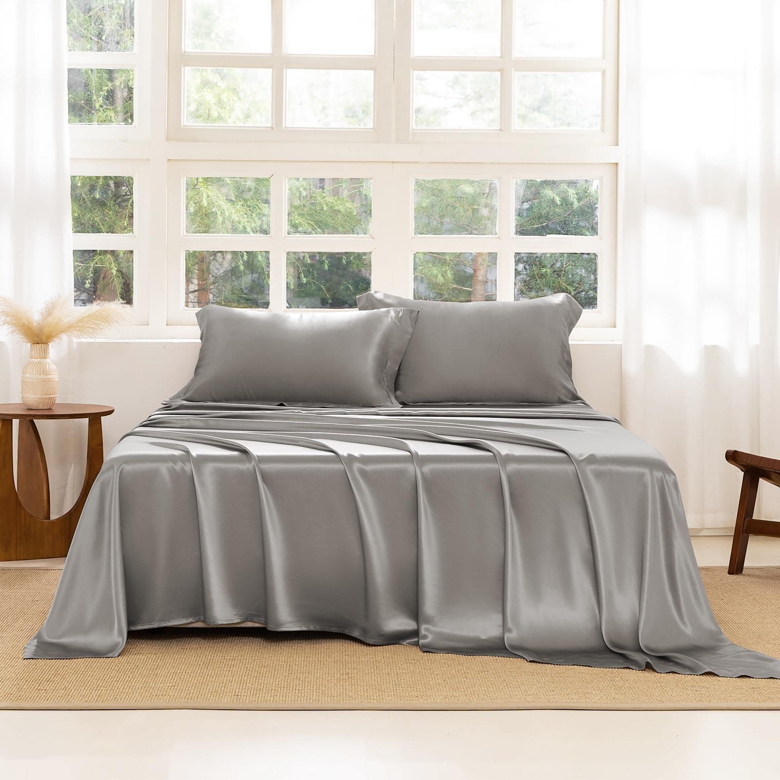 THXSILK Juego de sábanas de seda 4 piezas King, 22 Momme, color gris 22207