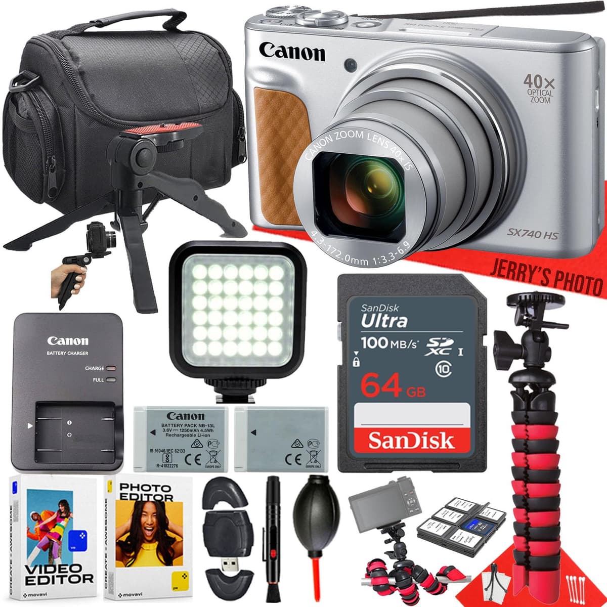 Cámara digital Canon PowerShot SX740 HS (Plateada) + Memoria 64GB + Luz LED + Batería extra + Software para PC + Tripié Spider + Más (Paquete de 16 piezas) (Reacondicionada) SX740SCAM-072294-2-cr