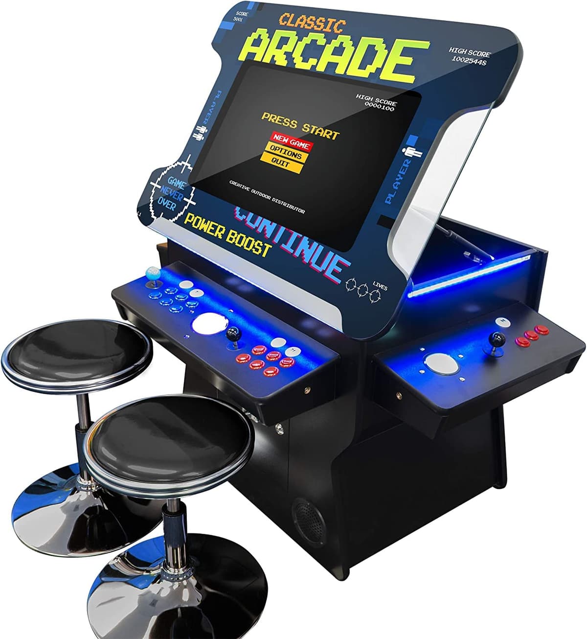 Creative Outdoor Distributor Cocktail Arcade Comercial 2 Jugadores 1162 Juegos Pantalla LCD 26" Elevable 3 Lados 4 Joysticks Sanwa Trackball Incluye 2 Bancos 144111